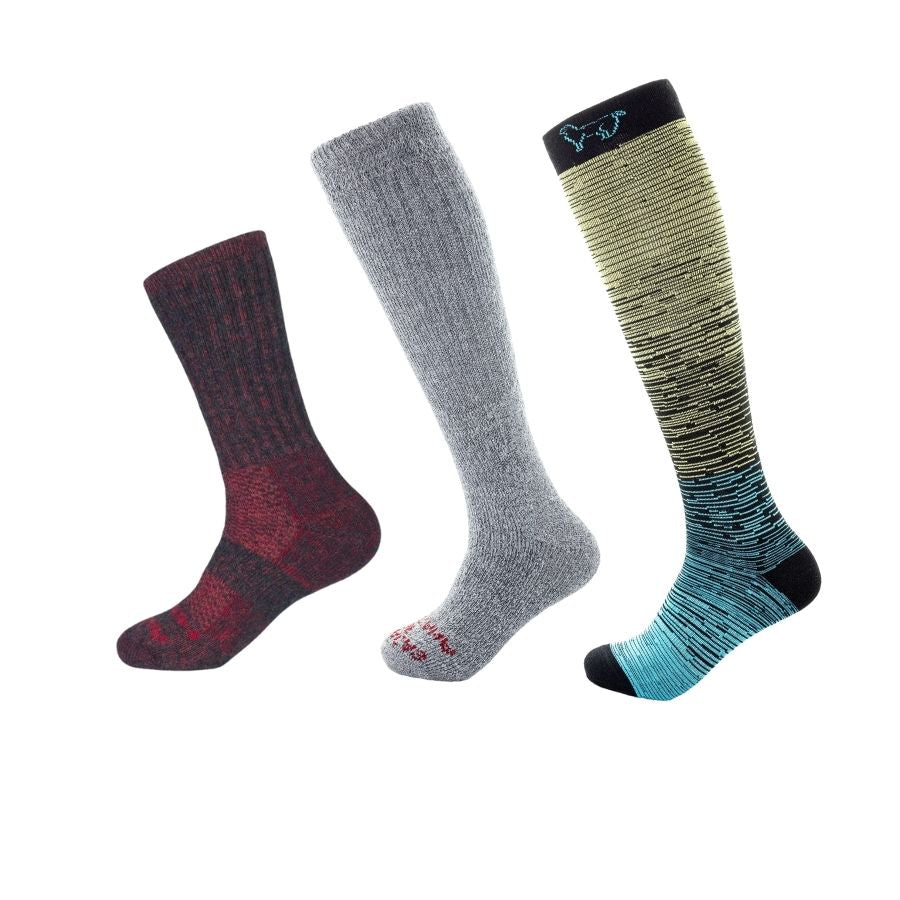 red extra cushion alpaca boot socks gray arctic socks and blue, yellow and gray striped alpaca compression socks