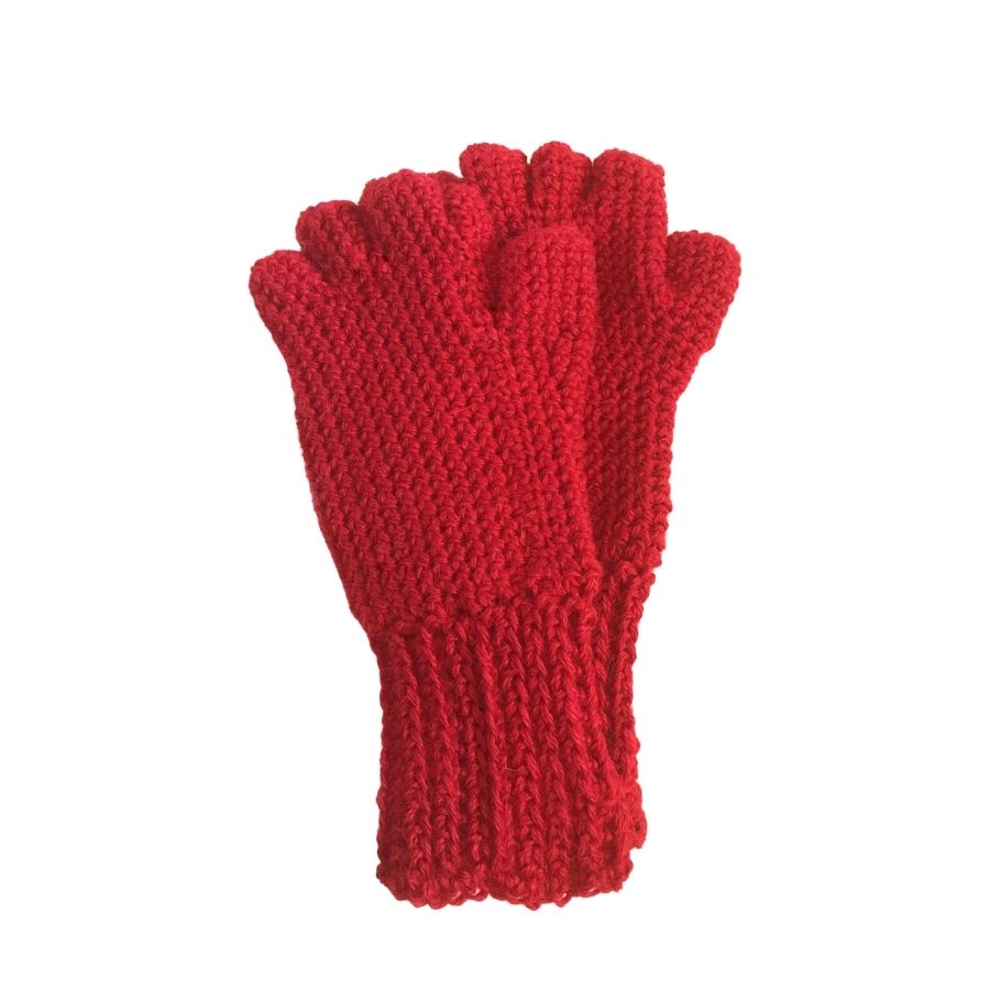 red hand knit alpaca wool fingerless gloves