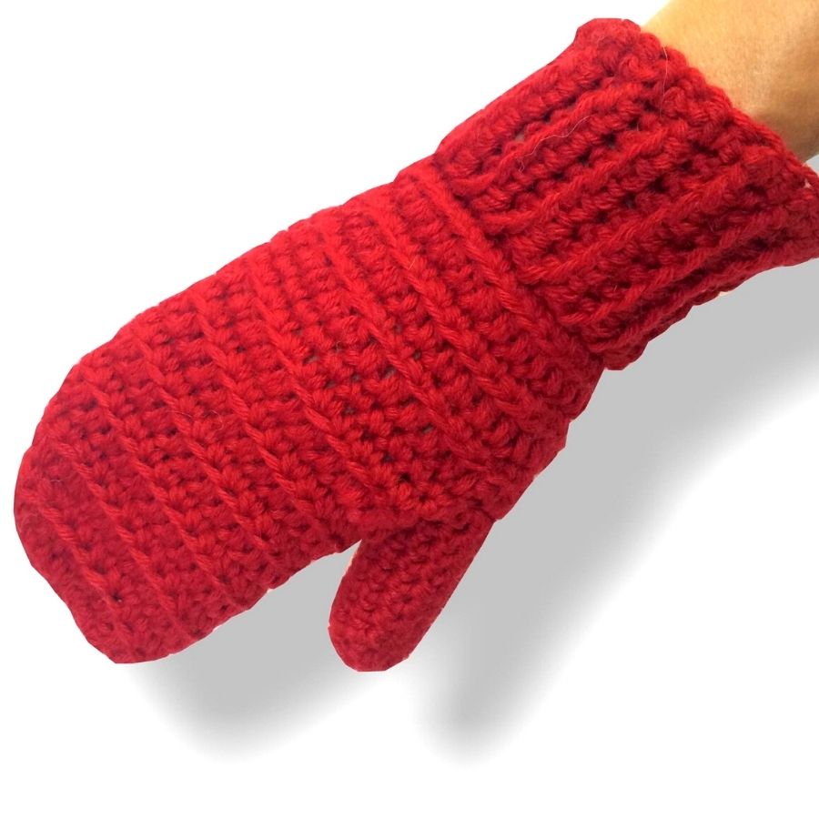 product photo of red hand knit alpaca wool ribbed mitten on hand