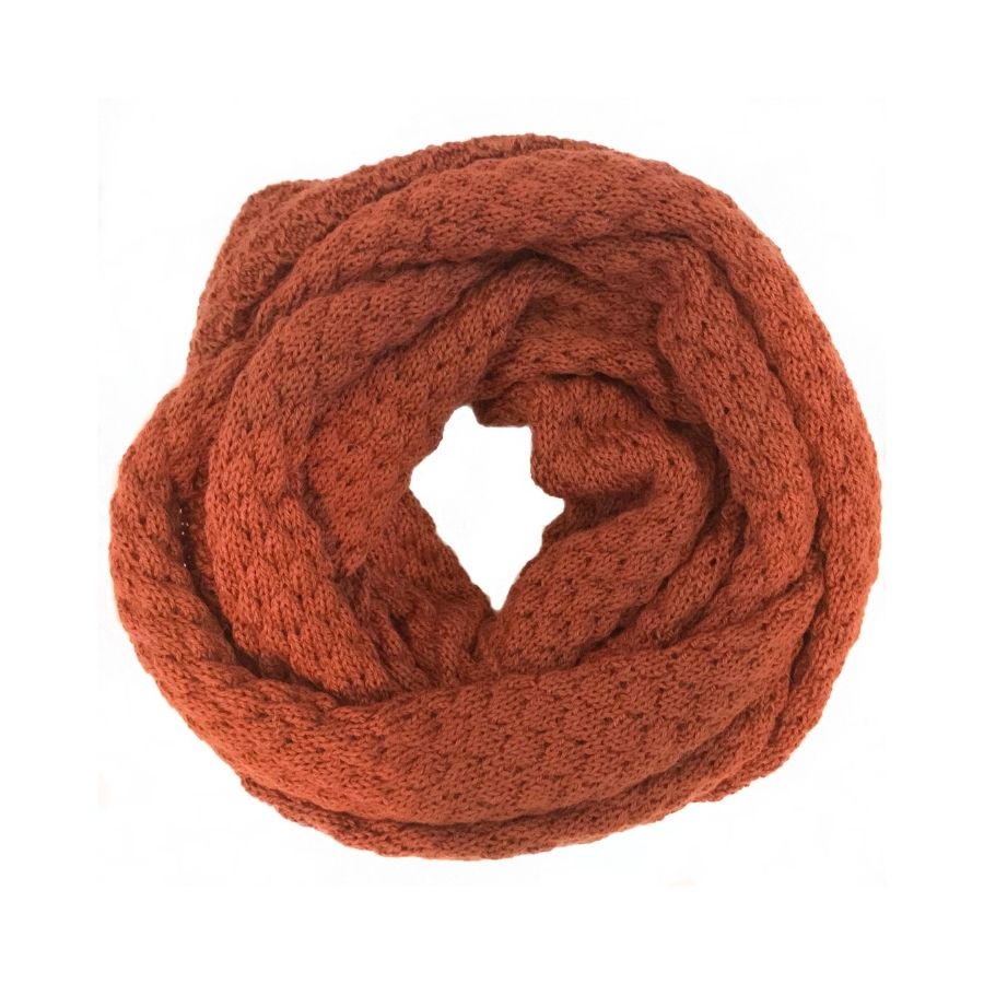 rusty orange alpaca wool infinity scarf against white background