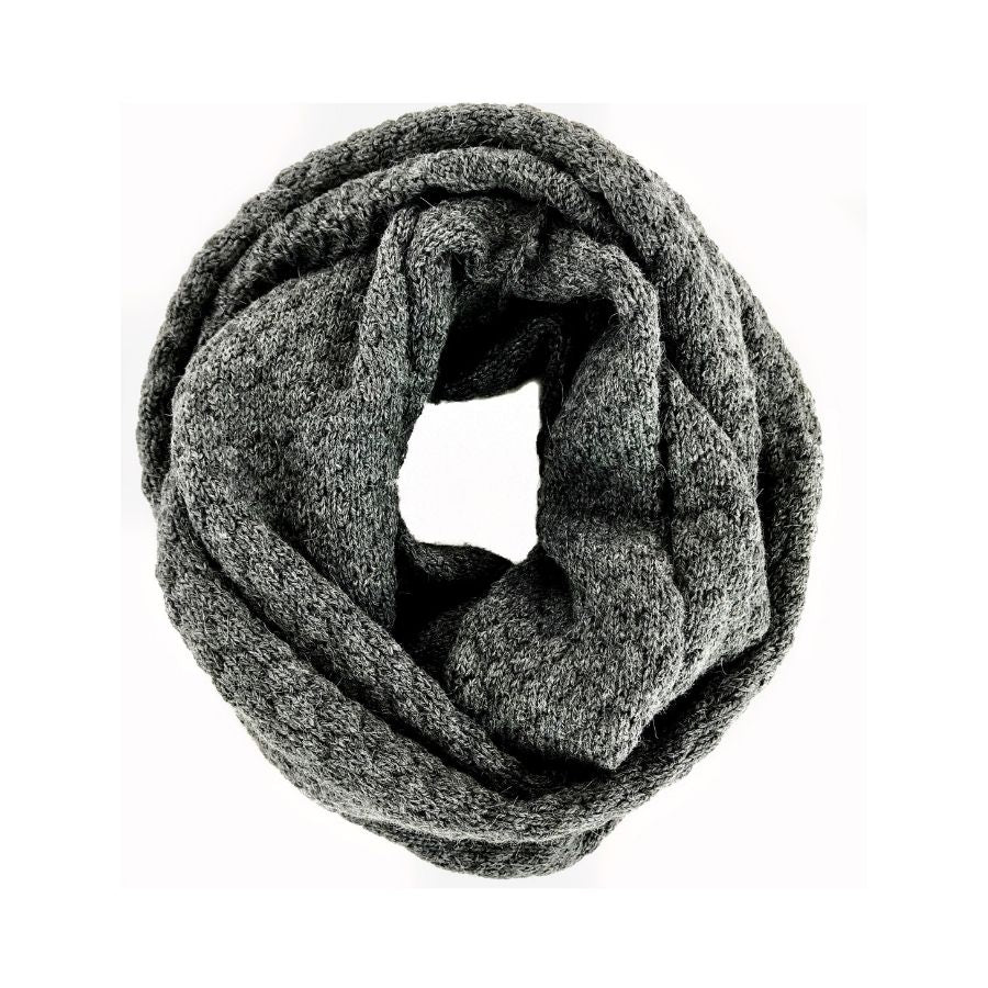 silver gray alpaca wool infinity scarf displayed against white background