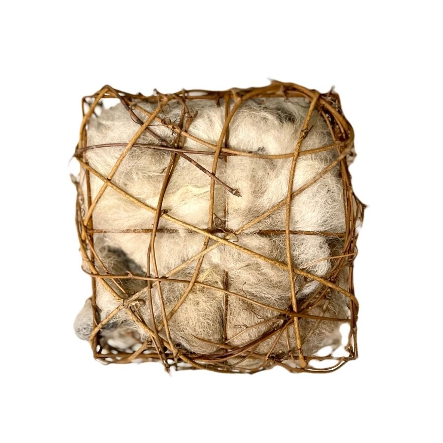 Square wooden branch basket cage full of natural real soft fluffy alpaca wool fleece for spring bird nest nesting