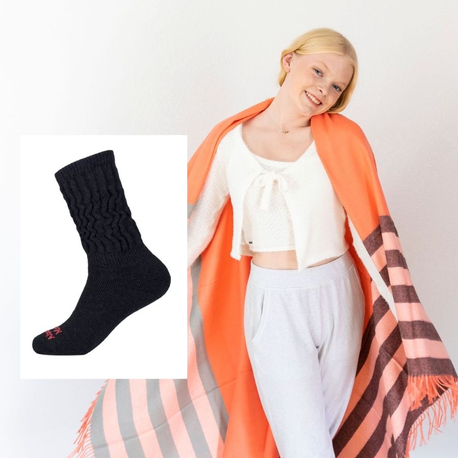 warm black mid calf therapeutic alpaca wool socks and tangerine blanket