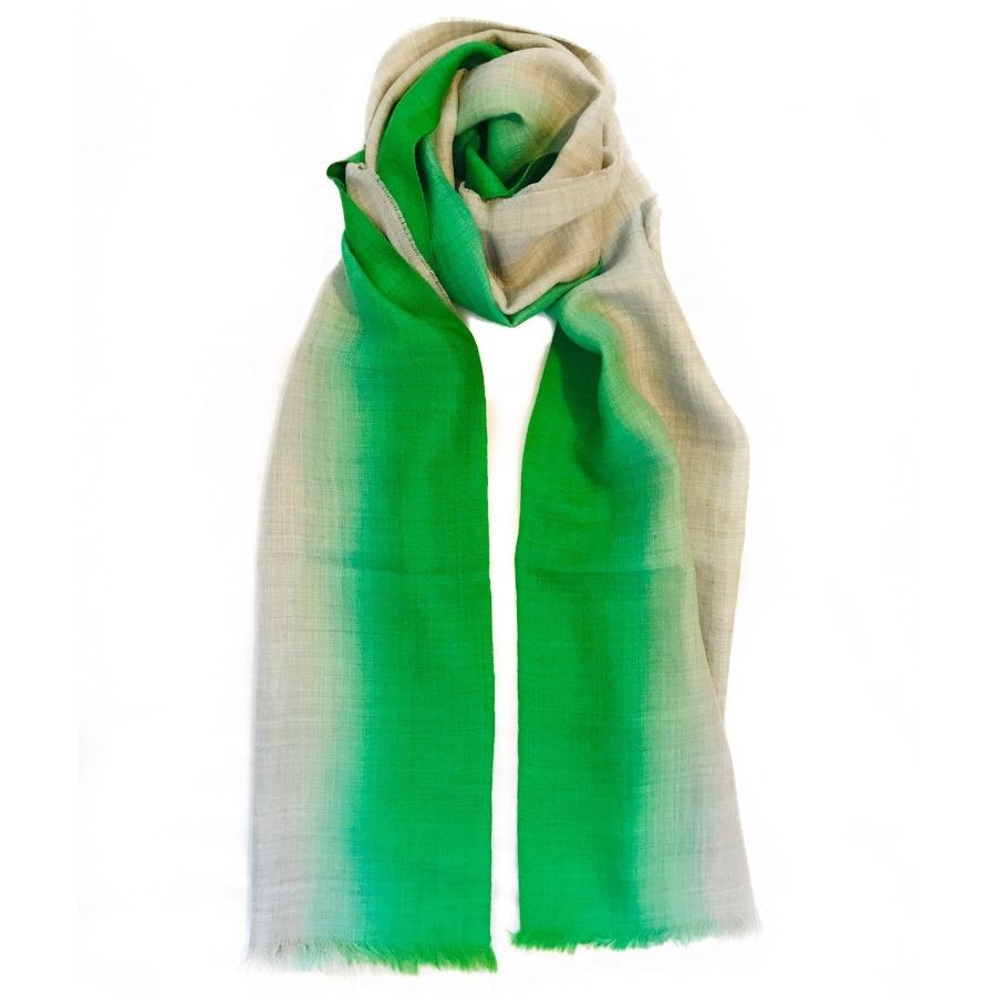 product photo of green and gray alpaca wool and silk scarf against white background