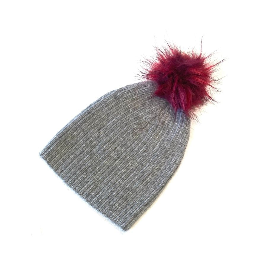 gray alpaca wool beanie hat with red pom pom