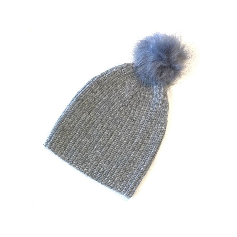 gray alpaca wool beanie hat with gray pom pom