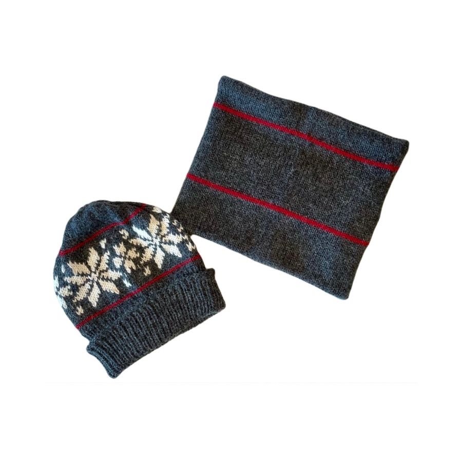 warm gray alpaca wool snowflake hat with red stripes and warm alpaca wool gray cowl with red stripes