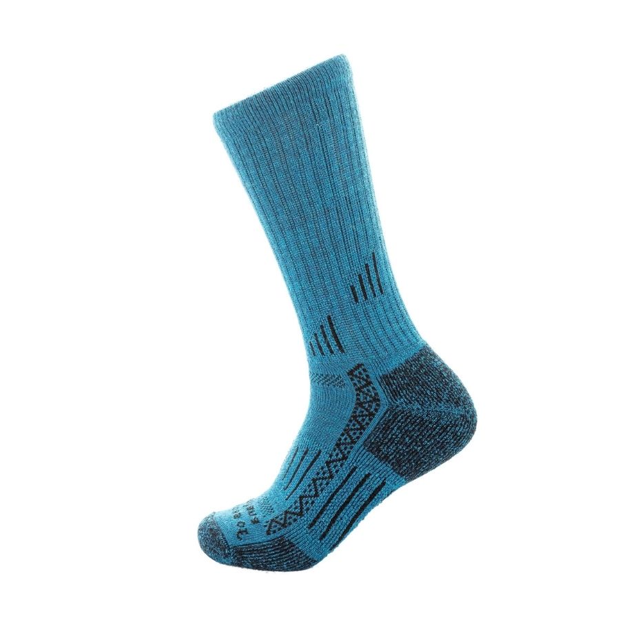product photo of blue alpaca wool hiking and adventure sock against white background