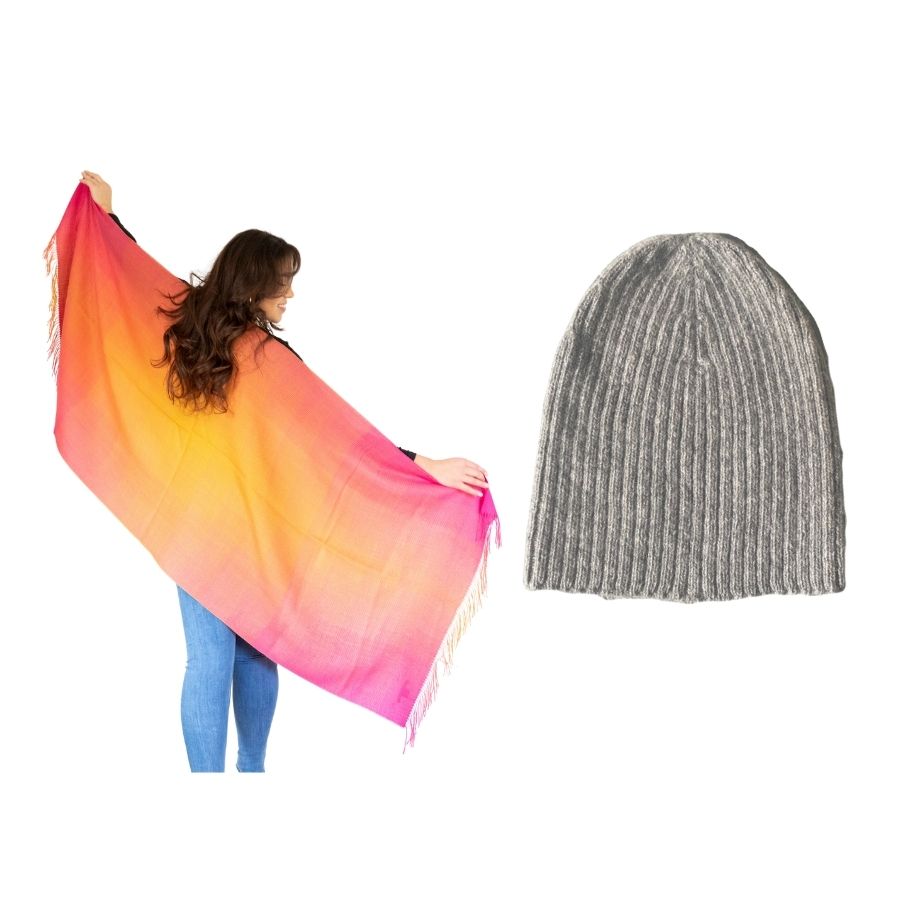 woman standing with her back to the camera and her arms extended wearing sunrise colored alpaca wool shawl and product photo of gray ribbed alpaca wool beartooth beanie hat
