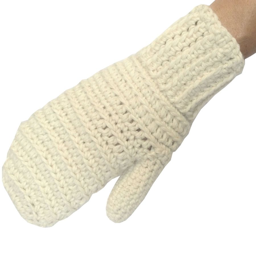 product photo of white hand knit alpaca wool ribbed mitten on hand